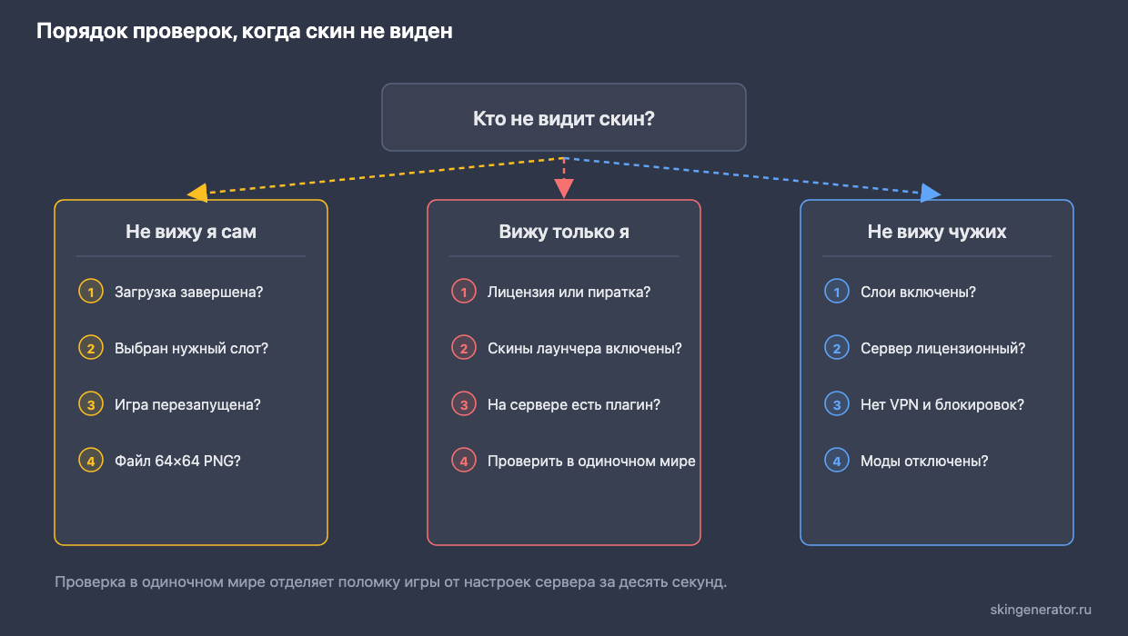 Схема диагностики: почему не отображается скин в Майнкрафт — проверка в одиночном мире, тип клиента, настройки слоёв и формат файла
