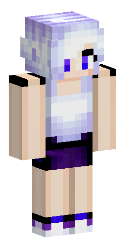 A girl with short white hair, a dark purple top, black shorts, fair skin, a white left… Скин Майнкрафт: A girl with short white hair, a dark purple top, black shorts, fair skin, a white left…