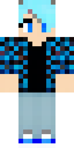 Скин Майнкрафт: A Minecraft skin of a boy with messy grey-purple hair and light blu…