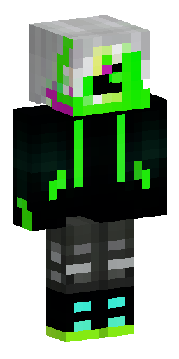 Anime boy with messy white hair, glowing neon green eyes, wearing a black techwear gas… Скин Майнкрафт: Anime boy with messy white hair, glowing neon green eyes, wearing a black techwear gas…