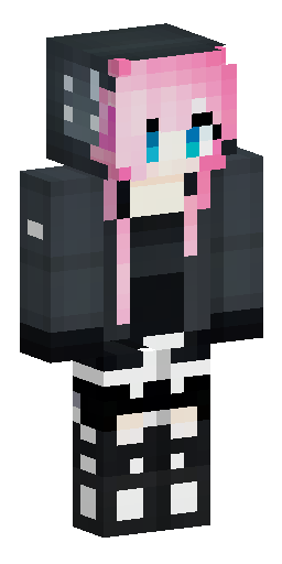 Anime girl, short messy pink hair, big eyes. Open black hooded jacket, grey top with… Скин Майнкрафт: Anime girl, short messy pink hair, big eyes. Open black hooded jacket, grey top with…