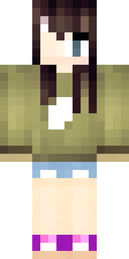 Girl with long dark brown hair and light blonde straight bangs. She wears an oversized… Скин Майнкрафт: Girl with long dark brown hair and light blonde straight bangs. She wears an oversized…