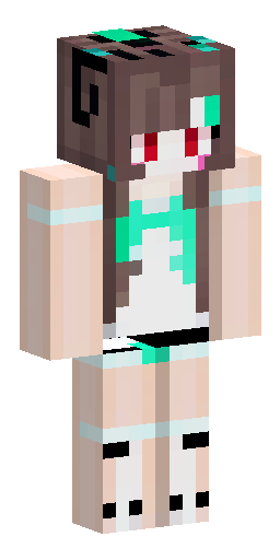 Minecraft skin, anime girl, messy dark brown hair, red eyes. On her face, a mint-green… Скин Майнкрафт: Minecraft skin, anime girl, messy dark brown hair, red eyes. On her face, a mint-green…