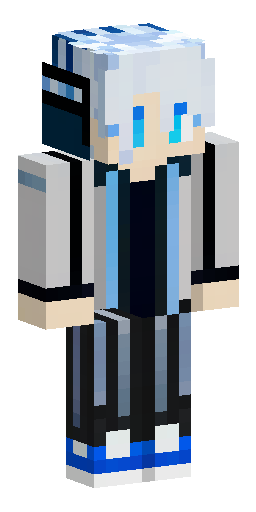 Парень в стиле Minecraft anime: серебристо-белые растрёпанные волосы и светящиеся синие… Скин Майнкрафт: Парень в стиле Minecraft anime: серебристо-белые растрёпанные волосы и светящиеся синие…